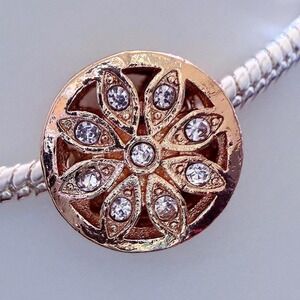Pandora-like Bead Charm Fits Pandora Snake Chain Bracelet Rose Gold Flower Cryst